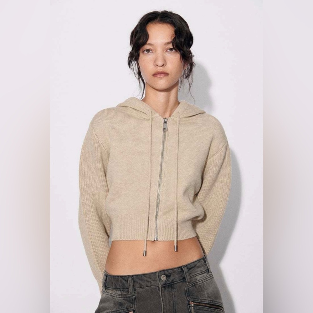 ZARA | Hooded Knit Zip Cardigan Sand M